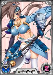 Rule 34 | 1girl, axe, black hair, blue eyes, blush, bouncing breasts, breasts, card (medium), clenched teeth, dmm, gauntlets, hair over one eye, huge breasts, japanese clothes, legs, long hair, looking at viewer, mask, navel, nobunaga wa ore no yome. hime bushou 1000-ningiri, official art, ponytail, sandals, shoulder pads, simple background, smile, solo, teeth, thighs, trading card, weapon, white legwear
