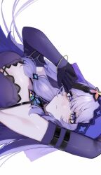 Rule 34 | 1girl, 6ta6tam, armpits, bangle, bare shoulders, black gloves, black swan (honkai: star rail), bracelet, breasts, cleavage, elbow gloves, gloves, grey eyes, highres, honkai: star rail, honkai (series), jewelry, long hair, looking at viewer, parted lips, purple hair, simple background, solo, veil, white background
