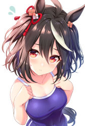 Rule 34 | 1girl, animal ears, backlighting, black hair, blue one-piece swimsuit, breasts, collarbone, commentary request, competition school swimsuit, covered navel, flying sweatdrops, from above, hair between eyes, hair ribbon, head tilt, highres, horse ears, horse girl, horse tail, kitasan black (umamusume), large breasts, looking at viewer, multicolored hair, one-piece swimsuit, parted bangs, red eyes, red ribbon, ribbon, school swimsuit, short hair, simple background, solo, streaked hair, swimsuit, tail, tomo (tmtm mf mf), umamusume, white background, white hair