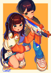 Rule 34 | 1boy, 1girl, absurdres, aiming, barcode, black hair, blue eyes, blush stickers, border, brown eyes, brown hair, character request, child, denim, full body, gun, headset, highres, holding, holding gun, holding weapon, huge filesize, id card, jeans, long sleeves, medium hair, moai (more e 4km), mole, mole under eye, name tag, nerf, nerf, nerf gun, one eye closed, on one knee, orange background, original, outside border, pants, pleated skirt, product girl, rifle, shirt, shoes, simple background, skirt, sneakers, standing, t-shirt, toy gun, twintails, weapon, white border, yellow background