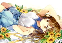 Rule 34 | 1girl, arm up, armpits, bare arms, bare shoulders, blue skirt, blush, breasts, brown eyes, brown hair, closed mouth, collared shirt, flower, highres, jewelry, long hair, looking at viewer, lying, medium breasts, nanahamu, necklace, on back, original, shirt, skirt, sleeveless, sleeveless shirt, solo, sunflower, white flower, white shirt, yellow flower