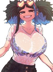 Rule 34 | 1girl, animal print, black hair, black pants, blue bra, blue hair, blue shirt, blush, bra, bra visible through clothes, breasts, cleavage, clenched hands, contrapposto, earrings, eyewear on head, heart, heart-shaped eyewear, highres, huge breasts, jewelry, leopard print, limited palette, multicolored hair, pants, satsuki ouhara, shirt, smile, solo, streaked hair, sunglasses, teeth, teihen no daigaku janaru, twintails, underwear, upper body, wet, wet clothes, wet shirt, white background, zyugoya
