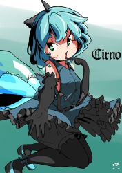 Rule 34 | 1girl, alternate costume, ankle ribbon, artist name, bare shoulders, black bow, black legwear, bloomers, blue dress, blue footwear, blue hair, blush, bow, breasts, character name, cirno, curly hair, dress, elbow gloves, finger to mouth, frilled dress, frilled gloves, frills, gloves, gradient background, green eyes, hair bow, highres, huxiao (mistlakefront), ice, ice wings, leg ribbon, reaching, reaching towards viewer, ribbon, short hair, small breasts, solo, touhou, underwear, wings