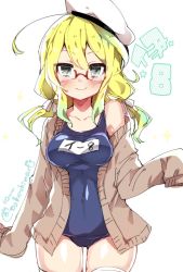 Rule 34 | 10s, 1girl, ahoge, alternate breast size, blonde hair, blue eyes, blush, breasts, cardigan, collarbone, glasses, gluteal fold, hat, i-8 (kancolle), kantai collection, long sleeves, looking at viewer, low twintails, name tag, off shoulder, old school swimsuit, one-piece swimsuit, open cardigan, open clothes, peaked cap, red-framed eyewear, school swimsuit, semi-rimless eyewear, sleeves past wrists, small breasts, solo, sweater, swimsuit, takeshima eku, thigh gap, thighhighs, twintails, twitter username, under-rim eyewear, white thighhighs