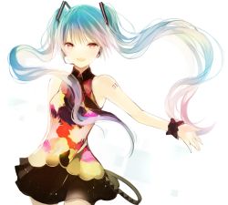 Rule 34 | 1girl, aqua eyes, aqua hair, bad id, bad twitter id, bare shoulders, hatsune miku, headset, long hair, lpip, open mouth, red eyes, simple background, skirt, solo, tell your world (vocaloid), twintails, vocaloid