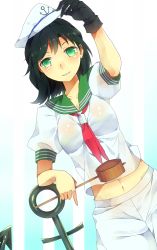 Rule 34 | 1girl, anchor, black hair, gloves, green eyes, hat, hishaku, hourai ninjin, murasa minamitsu, navel, sailor collar, sailor hat, solo, touhou