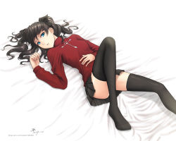 Rule 34 | 00s, 1girl, bed, black hair, black thighhighs, blue eyes, breasts, dan (kumadan), dated, fate/stay night, fate (series), feet, female focus, legs, long legs, lying, miniskirt, skirt, small breasts, solo, thighhighs, tohsaka rin, turtleneck, twintails, two side up, watermark, web address, zettai ryouiki