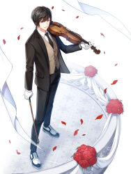 Rule 34 | 1boy, balcony, black hair, black jacket, black necktie, black pants, black socks, blue eyes, bouquet, bow (music), bright pupils, brown vest, chulsoo kim (closers), closers, collared shirt, falling petals, flower, formal, from above, full body, gloves, hand up, highres, holding, holding bow (music), holding instrument, holding violin, instrument, jacket, looking at viewer, looking up, male focus, necktie, official art, oxfords, pants, parted lips, petals, railing, red flower, red rose, rose, shirt, short hair, socks, solo, suit, swept bangs, tachi-e, tile floor, tiles, vest, violin, white background, white footwear, white gloves, white pupils, white shirt
