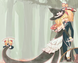 Rule 34 | 2girls, alice margatroid, alternate costume, bare shoulders, blonde hair, book, bouquet, couple, doll, dress, elbow gloves, female focus, flower, formal, gloves, groom, hairband, hat, kirisame marisa, kiss, lanwee, mary janes, multiple girls, rain, shanghai doll, shoes, short hair, suit, tiptoes, touhou, umbrella, wedding dress, wife and wife, witch hat, yuri