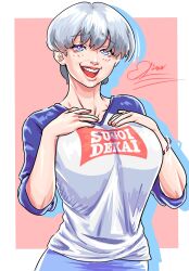 Rule 34 | 1girl, blue eyes, breasts, elloser2, female focus, grey hair, hand on own chest, highres, large breasts, long sleeves, looking at viewer, open mouth, pink background, shadow, shirt, short hair, smile, solo, standing, sugoi dekai, teeth, upper body, upper teeth only, uzaki-chan wa asobitai!, uzaki hana, what, white shirt