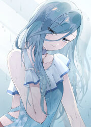 1girl bare_shoulders blue_eyes blue_hair choker closed_mouth collarbone eyes_visible_through_hair frills hair_between_eyes half-closed_eyes hand_up highres hinomori_shizuku jewelry light_smile long_hair looking_at_viewer mole mole_under_mouth project_sekai qi&#039;e_(penguin) smile solo swept_bangs tsurime upper_body water_drop wet wet_hair