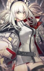 Rule 34 | 1girl, bare shoulders, breasts, dress, dynamitenatalia, fate/grand order, fate (series), gradient hair, grey hair, hat, highres, jacket, long hair, long sleeves, looking at viewer, marie antoinette (alter) (fate), marie antoinette (alter) (first ascension) (fate), marie antoinette (fate), medium breasts, multicolored hair, off shoulder, open clothes, open jacket, short dress, sidelocks, single thighhigh, smile, solo, thighhighs, thighs, two side up, white dress, white hair, white hat, white jacket, yellow eyes
