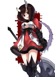 Rule 34 | + +, 1girl, absurdres, axe, breasts, broken horn, brown hair, capelet, eriko (princess connect!), fur-trimmed capelet, fur-trimmed skirt, fur trim, gloves, highres, horns, kagari3, large breasts, princess connect!, princess connect!, purple eyes, red capelet, short hair, skirt, solo, spiked tail, tail, thighhighs, weapon