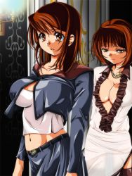 Rule 34 | 2girls, breasts, brown eyes, brown hair, cleavage, dress, jacket, jewelry, large breasts, multiple girls, navel, necklace, shirt, short hair, skirt, white shirt, white theme