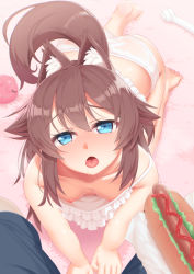 Rule 34 | 1girl, all fours, animal ears, barefoot, blue eyes, blush, bone, breasts, brown hair, camisole, collarbone, dog ears, dog tail, downblouse, drooling, frills, highres, hot dog, imminent fellatio, long hair, looking at viewer, looking up, nipple slip, nipples, no pants, open mouth, oral invitation, original, panties, pov, small breasts, solo focus, tachimi (basue), tail, underwear, underwear only, waiting