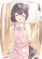 Rule 34 | 1girl, ^ ^, apron, black hair, black pantyhose, blush, brown sweater, closed eyes, door, fisheye, hair between eyes, hair bun, hair ornament, hair ribbon, hand up, happy, heart, highres, holding, holding ladle, idolmaster, idolmaster shiny colors, ladle, long sleeves, looking at viewer, morino rinze, open mouth, pantyhose, pink apron, pink ribbon, plaid, plaid skirt, pleated skirt, red ribbon, ribbon, school uniform, shirt, short hair, skirt, slippers, smile, solo, standing, striped ribbon, sweater, tktk135