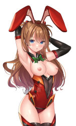 Rule 34 | 1girl, adapted costume, alternate costume, animal ears, armpits, arms up, black gloves, black thighhighs, blackheartxiii, blue eyes, blush, breasts, breasts out, brown hair, covered navel, cowboy shot, detached collar, elbow gloves, fake animal ears, fake tail, gloves, green necktie, hair between eyes, highres, leotard, long hair, looking at viewer, medium breasts, necktie, neon genesis evangelion, nipples, parted lips, playboy bunny, plugsuit, rabbit ears, rabbit tail, simple background, solo, souryuu asuka langley, straight hair, sweat, tail, thighhighs, thighs, white background