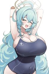 Rule 34 | 1girl, ahoge, armpits, arms behind head, arms up, bandaid, bandaid on arm, blue archive, blue hair, blue one-piece swimsuit, breasts, cleavage, closed eyes, competition school swimsuit, covered navel, hair between eyes, hair intakes, halo, highres, jorin, large breasts, light blue hair, light blush, long hair, one-piece swimsuit, open mouth, school swimsuit, simple background, smile, solo, swimsuit, teeth, upper teeth only, very long hair, wet, wet clothes, wet swimsuit, white background, yume (blue archive)