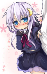 Rule 34 | 10s, 1girl, blue eyes, blush, clothes grab, crescent, crescent hair ornament, glasses, gradient background, hair ornament, holding own arm, kantai collection, long hair, long sleeves, oshiruko (uminekotei), pout, purple hair, red-framed eyewear, ribbon, school uniform, serafuku, skirt, translation request, yayoi (kancolle)