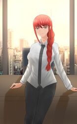 Rule 34 | 1girl, absurdres, black necktie, black pants, braid, braided ponytail, breasts, chainsaw man, closed mouth, collared shirt, commentary, highres, indoors, large breasts, legs, long hair, long sleeves, looking at viewer, makima (chainsaw man), necktie, office, pants, red hair, shinjita, shirt, solo, standing, untucked shirt, white shirt, window, yellow eyes