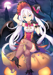 Rule 34 | 1girl, alexmaster, black gloves, black hat, blue eyes, brown thighhighs, crossed legs, gloves, hair ribbon, halloween, hat, highres, jack-o&#039;-lantern, long hair, looking at viewer, moon, night, original, outdoors, pumpkin, red ribbon, ribbon, silver hair, sitting, solo, thighhighs, twintails, witch hat
