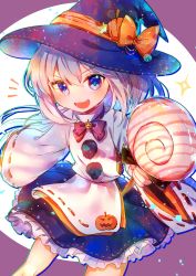 Rule 34 | 1girl, :d, black hat, black skirt, blue eyes, bow, bowtie, grey hair, halloween costume, hat, hat bow, highres, itsumizu, jack-o&#039;-lantern, japanese clothes, kariginu, long hair, looking at viewer, mononobe no futo, open mouth, orange bow, pom pom (clothes), red bow, red bowtie, ribbon-trimmed sleeves, ribbon trim, skirt, smile, solo, touhou, wide sleeves, witch hat