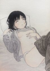 Rule 34 | 1girl, absurdres, black hair, breasts, closed eyes, clothes lift, clothes pull, hand on own chest, highres, hood, hoodie, lying, navel, nipples, on back, on bed, open clothes, open hoodie, open mouth, original, panties, pants, pants pull, pillow, shirt lift, short hair, traditional media, tsuntsuke, underwear, white panties