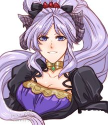 Rule 34 | 1girl, artist name, blue eyes, breasts, choker, commentary, commission, english commentary, fire emblem, fire emblem heroes, grey hair, highres, ishtar (fire emblem), long hair, looking at viewer, medium breasts, nintendo, parted lips, ponytail, sierra117renner, simple background, smile, solo, teeth, tumblr username, upper body, watermark, web address, white background