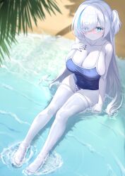Rule 34 | 1girl, absurdres, azur lane, beach, black nails, blue eyes, blue hair, blue one-piece swimsuit, blush, breasts, cleavage, collarbone, colored skin, eyes visible through hair, hair over one eye, highres, large breasts, long hair, looking at viewer, multicolored hair, one-piece swimsuit, pale skin, palm leaf, qian hen, sitting, skindentation, solo, streaked hair, swimsuit, tb (azur lane), tb (type-s) (azur lane), thighhighs, wakamezake, water, wet, white hair, white skin, white thighhighs