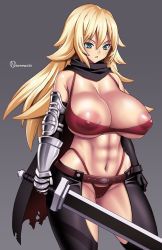 Rule 34 | 1girl, abs, areola slip, bare shoulders, belt, blonde hair, blue eyes, breasts, chaps, cleavage, detached sleeves, gauntlets, holding, holding sword, holding weapon, large areolae, large breasts, long hair, onomeshin, solo, strapless, sword, the vagrant, underwear, vivian (the vagrant), weapon, white background