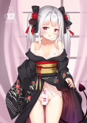 Rule 34 | 1girl, aliter, artist name, bare shoulders, black bow, black kimono, blush, bow, clothes lift, commentary request, curtains, demon tail, covered erect nipples, fang, floral print, gluteal fold, groin, hair bow, highres, japanese clothes, kimono, kimono lift, lifted by self, long hair, looking at viewer, nipples, no bra, no panties, obi, off shoulder, original, parted lips, print kimono, red eyes, sash, see-through, silver hair, smirk, solo, tail, twintails, very long hair, window