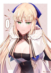 Rule 34 | ..., 1girl, absurdres, ahoge, arms behind back, artoria caster (fate), artoria caster (third ascension) (fate), artoria pendragon (fate), black dress, blonde hair, blue bow, bow, breasts, capelet, cleavage, closed mouth, commentary request, dress, facial mark, fate/grand order, fate (series), forehead mark, fur-trimmed capelet, fur trim, gold trim, green eyes, hair bow, highres, long hair, looking at viewer, medium breasts, parted bangs, pout, solo, twitter username, two-tone dress, very long hair, white capelet, white dress, yamano udumi