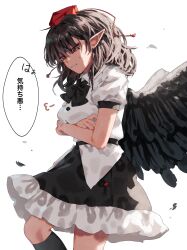 Rule 34 | 1girl, absurdres, bird wings, black bow, black bowtie, black hair, black skirt, black socks, black wings, bow, bowtie, breasts, buttons, clenched teeth, collared shirt, commentary, cowboy shot, crossed arms, feathers, frilled skirt, frills, from side, hat, highres, kneehighs, long hair, looking down, medium breasts, pointy ears, puff of air, puffy short sleeves, puffy sleeves, red eyes, red hat, shameimaru aya, shirt, short sleeves, simple background, skirt, socks, solo, sweat, teeth, tokin hat, touhou, translated, tsuyuji shigure, white background, white shirt, wings
