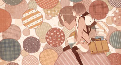 Rule 34 | 1girl, abstract, animal bag, backpack, bag, black legwear, brown hair, bubble, blowing bubbles, commentary request, cookie, food, holding, jacket, jar, lace, looking to the side, mitsuki mouse, open clothes, open jacket, original, polka dot, sepia, sitting, star (symbol), striped, suitcase, water