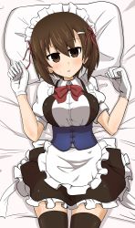 Rule 34 | 10s, 1girl, absurdres, alternate costume, apron, black skirt, black thighhighs, blush, bow, bowtie, brown eyes, brown hair, commentary, corset, dress shirt, enmaided, frilled apron, frilled skirt, frills, from above, girls und panzer, gloves, hair ornament, hair ribbon, hairclip, highres, looking at viewer, lying, maid, maid headdress, miniskirt, nishizumi maho, on back, on bed, parted lips, pillow, puffy short sleeves, puffy sleeves, red-framed eyewear, red bow, red bowtie, ribbon, shirt, short hair, short sleeves, skindentation, skirt, solo, sweatdrop, thighhighs, w arms, waist apron, white apron, white gloves, white shirt, yogurt bakudan