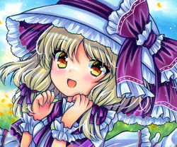 Rule 34 | 1girl, :d, blonde hair, blush, bow, cropped, day, eyebrows hidden by hair, frilled bow, frilled cuffs, frills, hair ribbon, hat, hat bow, hat ribbon, long hair, looking at viewer, louise (touhou), marker (medium), open mouth, orange eyes, outdoors, purple bow, purple ribbon, ribbon, rui (sugar3), shirt, sidelocks, smile, solo, touhou, touhou (pc-98), traditional media, tress ribbon, upper body, white hat, white shirt, white wrist cuffs, wrist cuffs, yellow eyes