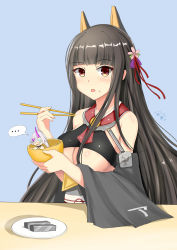 Rule 34 | 1girl, absurdres, akagi (warship girls r), bad id, bad pixiv id, bare shoulders, black hair, blue background, bowl, breasts, breasts out, chopsticks, cleavage, detached sleeves, flower, food, food on face, hair flower, hair ornament, hair ribbon, highres, holding, large breasts, long hair, looking at viewer, open mouth, red eyes, ribbon, rice, rice on face, solo, underboob, warship girls r, yellow eyes, zhudacaimiao