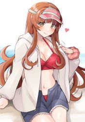 Rule 34 | 1girl, bikini, bikini under clothes, blue shorts, blunt bangs, breasts, brown hair, cleavage, commentary request, cowboy shot, denim, denim shorts, green eyes, hat, helena (kancolle), highres, hood, hooded jacket, hoodie, jacket, kantai collection, long hair, looking at viewer, medium breasts, official alternate costume, open fly, red bikini, red hat, shorts, solo, swimsuit, swimsuit under clothes, toriniku senshi chikinman, visor cap, white jacket