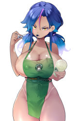 Rule 34 | 1girl, apron, artist name, blue hair, brand name imitation, breasts, cleavage, commentary, covered erect nipples, cowboy shot, cup, dark-skinned female, dark skin, english commentary, eyes visible through hair, green apron, hair tie, hand up, holding, holding cup, holding pen, hot vr, iced latte with breast milk (meme), long hair, looking at viewer, meme, mouth hold, multicolored hair, naked apron, original, pen, pixiv username, purple hair, simple background, solo, standing, streaked hair, tan, tanline, thighs, twintails, white background, yellow eyes, zoey (hot vr)