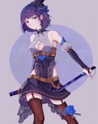 Rule 34 | 1girl, black hat, black thighhighs, blue eyes, breasts, bridal gauntlets, choker, cleavage, cleavage cutout, clothing cutout, covered navel, detached sleeves, earrings, garter straps, grey background, hat, holding, holding sword, holding weapon, jewelry, leotard, looking at viewer, medium breasts, mini hat, miniskirt, original, purple hair, purple skirt, ribbon-trimmed skirt, ribbon trim, sheath, short hair, skirt, solo, standing, sword, thighhighs, unsheathed, wangxiii, weapon, zettai ryouiki