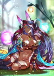 Rule 34 | 1girl, animal ears, blue eyes, breasts, dark skin, dark-skinned female, fate/grand order, fate (series), fox ears, highres, hood, horns, jewelry, junkbox, large breasts, long hair, navel, pixiv fate/grand order contest 2, purple hair, queen of sheba (fate), revealing clothes, sitting, smile, solo