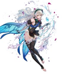 Rule 34 | 1girl, bare shoulders, breasts, cape, corrin (female) (fire emblem), corrin (fire emblem), covered navel, dress, ekao, elbow gloves, fire emblem, fire emblem fates, fire emblem heroes, floating, floating object, full body, gloves, gradient clothes, hair ornament, hairband, highres, long hair, medium breasts, nintendo, non-web source, official art, panty straps, parted lips, petals, pointy ears, red eyes, see-through, short dress, sleeveless, sleeveless dress, smile, solo, stone, thighhighs, thighs, thorns, toeless legwear, toes, transparent background, water, water drop, white hair