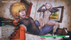 Rule 34 | 1boy, 1girl, bed, blonde hair, blue eyes, breasts, breasts out, broken condom, clothed male nude female, condom, condom wrapper, cum, hood, hoodie, jaune arc, kuon (kwonchanji), livestream, muscular, muscular female, nude, panties, penis, picture frame, rwby, underwear, used condom, weiss schnee, white hair, window