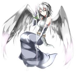 Rule 34 | 1girl, bare shoulders, elbow gloves, engi threepiece, feathered wings, flower, full body, gloves, grey eyes, grey theme, hair intakes, highres, holding, holding sword, holding weapon, long skirt, namuru, open mouth, short hair, silver hair, simple background, skirt, solo, sword, symbol-shaped pupils, triangle-shaped pupils, weapon, white background, white wings, wings, yumekui merry
