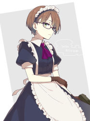 Rule 34 | 1girl, 7100potechi, absurdres, apron, ascot, black-framed eyewear, blue dress, breasts, brown gloves, brown hair, collared dress, cowboy shot, dress, frilled apron, frills, from side, glasses, gloves, green eyes, gun, handgun, highres, holding, holding gun, holding weapon, long sleeves, looking at viewer, maid headdress, puffy short sleeves, puffy sleeves, purple ascot, short hair, short sleeves, sideways glance, solo, somei hana, waist apron, weapon, white apron, world trigger