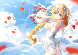 Rule 34 | 1girl, animal, ass, bare shoulders, bird, blonde hair, blue eyes, blue sky, blurry, blurry foreground, bouquet, bow, braid, breasts, closed mouth, cloud, commentary request, day, depth of field, dove, elbow gloves, fate/grand order, fate (series), flower, gloves, hair bow, headpiece, jeanne d&#039;arc (fate), jeanne d&#039;arc (ruler) (fate), large breasts, leotard, long hair, outdoors, outstretched arm, petals, qys3, red flower, red rose, rose, see-through, signature, sky, smile, solo, strapless, strapless leotard, very long hair, white bow, white gloves, white leotard