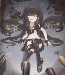 Rule 34 | 1girl, @ @, armor, armored boots, asicah, bad id, bad pixiv id, black gloves, black hair, black shirt, black skirt, black thighhighs, blunt bangs, boots, bow, breasts, bruise, commentary, crying, crying with eyes open, fangs, girls&#039; frontline, glint, gloves, groin, gun, h&amp;k ump, head tilt, injury, long hair, lying, medium breasts, midriff, on ground, ouroboros (girls&#039; frontline), sailor collar, shirt, silhouette, sitting, skirt, solo, solo focus, tears, thighhighs, torn clothes, torn gloves, torn shirt, torn skirt, torn thighhighs, twintails, very long hair, weapon, white bow, yellow eyes