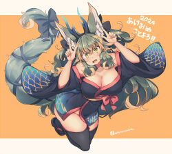 Rule 34 | 1girl, 2024, animal ears, black kimono, black thighhighs, breasts, chinese zodiac, cleavage, collarbone, commentary request, green eyes, green hair, index finger raised, japanese clothes, kimono, kuromiya, kuromiya raika (kuromiya), large breasts, long hair, looking at viewer, multicolored hair, new year, open mouth, orange background, orange hair, original, solo, thighhighs, thighs, twitter username, two-tone hair, year of the dragon