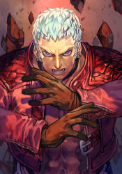 Rule 34 | 1boy, abs, brown gloves, choker, cropped jacket, earrings, gloves, hungry clicker, jacket, jewelry, long sleeves, looking at viewer, lower teeth only, male focus, muscular, muscular male, nanakase yashiro, pectorals, red jacket, short hair, snk, solo, teeth, the king of fighters, the king of fighters xv, white hair