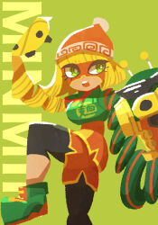 Rule 34 | 1girl, arms (game), beanie, blonde hair, bob cut, character name, domino mask, dragon (arms), fighting stance, green eyes, hat, highres, pantyhose under shorts, mask, min min (arms), orange shorts, pantyhose, short hair, shorts, standing, standing on one leg, zettonamo888